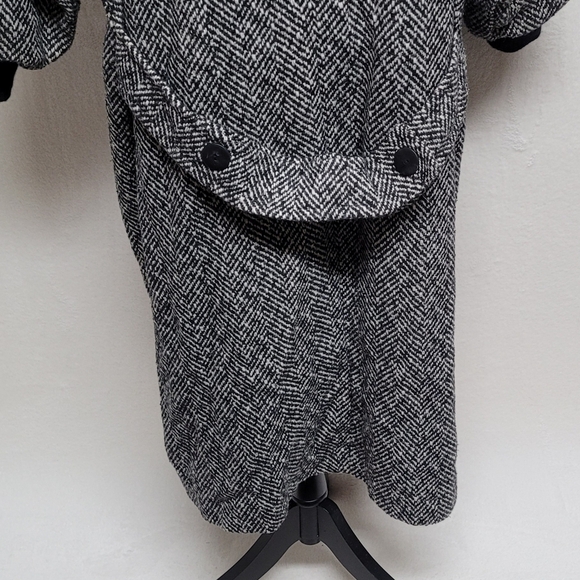 80s Vintage Black Gray Herringbone Wool Balloon Sleeve Longline Trench Coat XL - Picture 12 of 13
